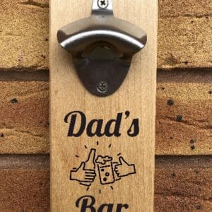 Personalised Wooden Wall Mounted Bottle Opener - Dad's Bar - Or Any Name - Magnetic Cap Catcher