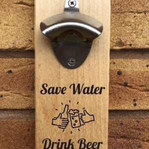 Wooden Wall Mounted Bottle Opener with 'Save Water Drink Beer' Design - Magnetic Cap Catcher Feature - Ideal Father's Day, Birthday Gift