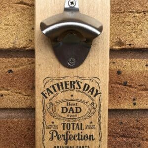 Personalised Wooden Wall Mounted Bottle Opener with Magnetic Top Cap Catcher - Father's Day Design