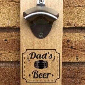 Personalised Wooden Wall Mounted Bottle Opener - Dad's Beer - Or Any Name - Magnetic Cap Catcher Father's Day